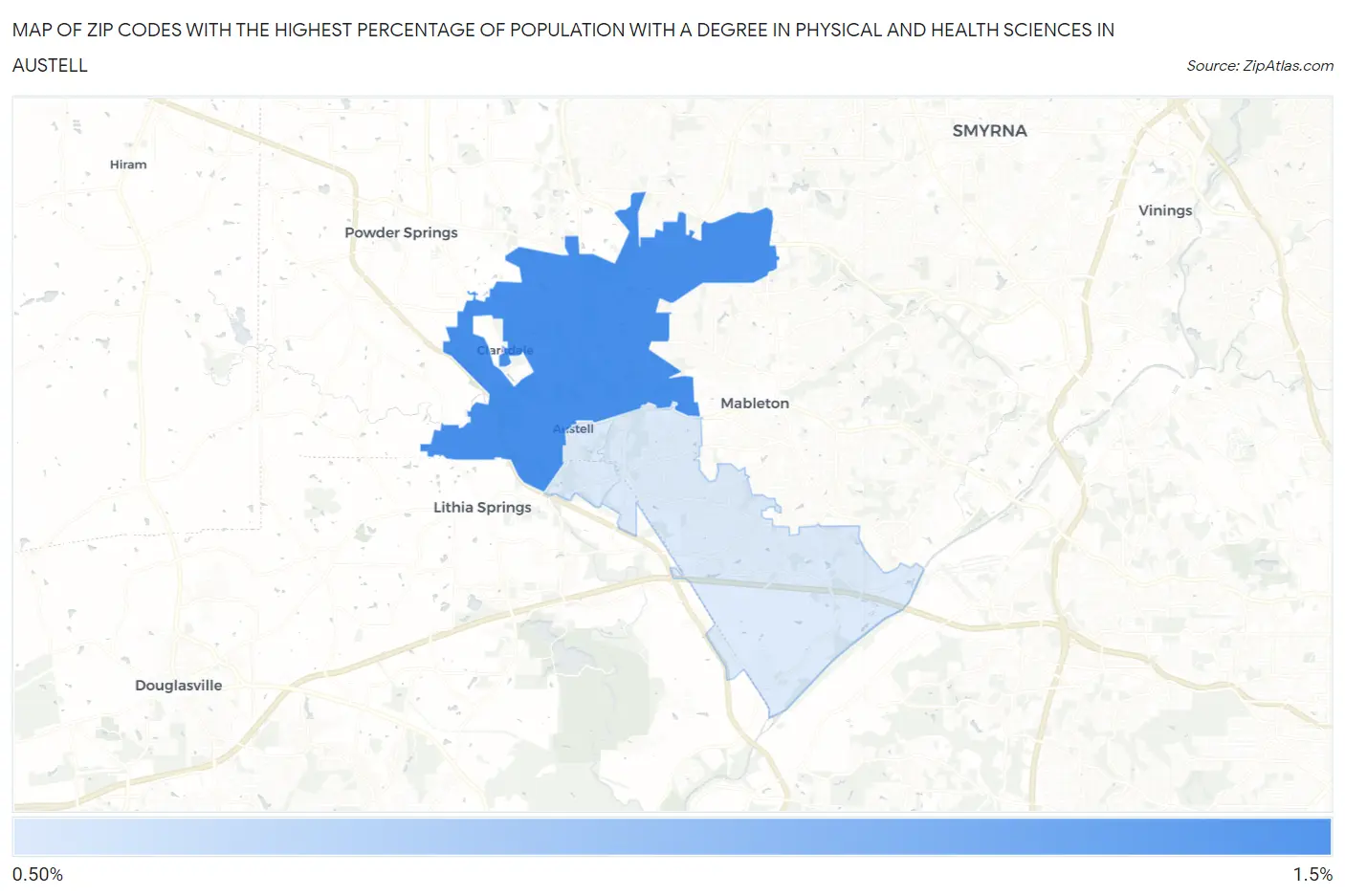 Zip Codes with the Highest Percentage of Population with a Degree in Physical and Health Sciences in Austell Map