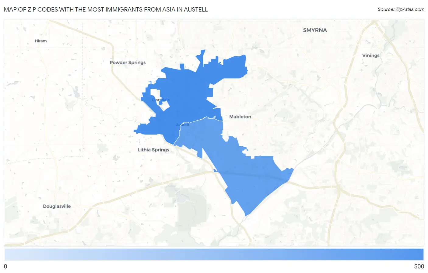 Zip Codes with the Most Immigrants from Asia in Austell Map