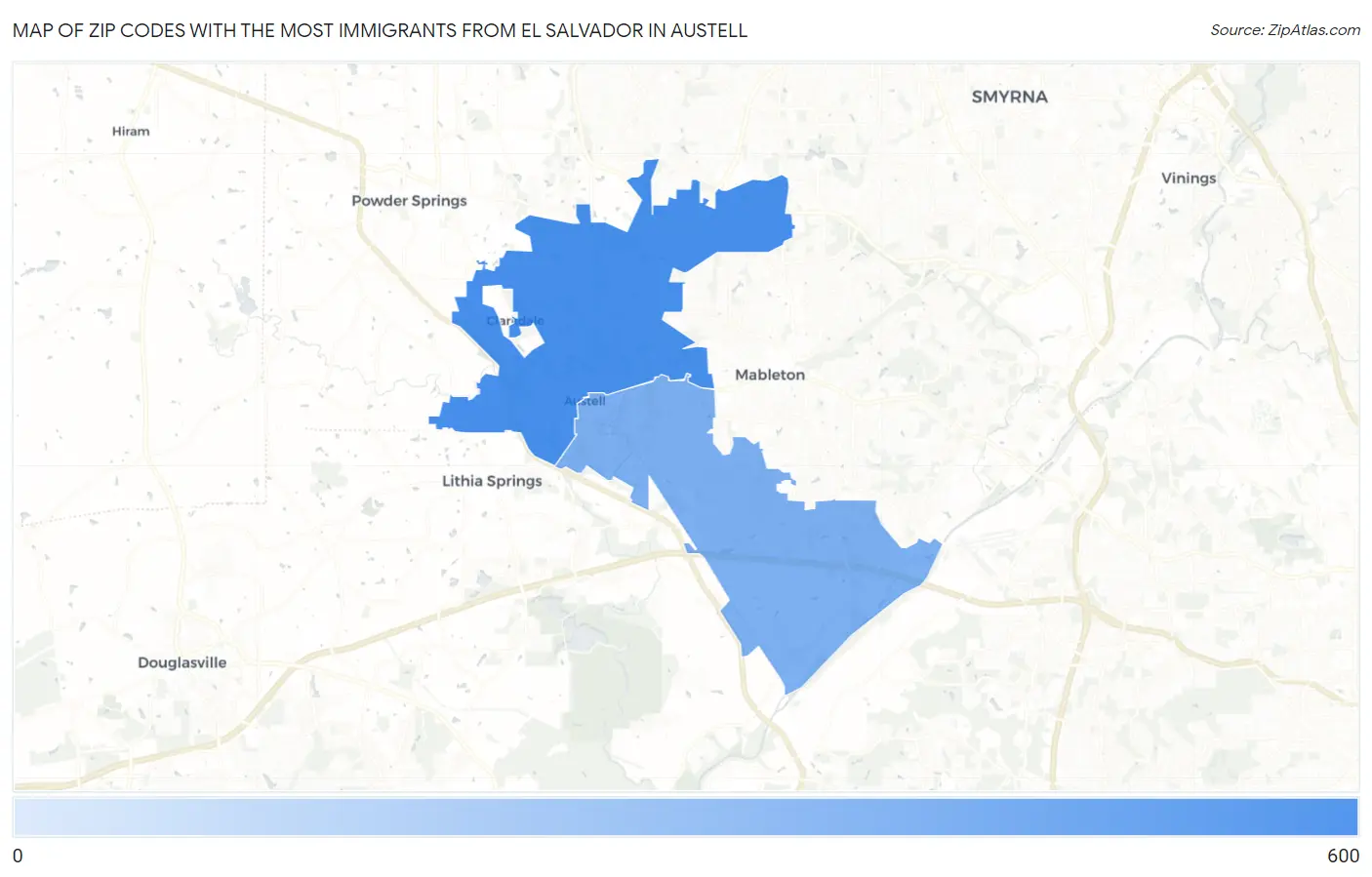 Zip Codes with the Most Immigrants from El Salvador in Austell Map