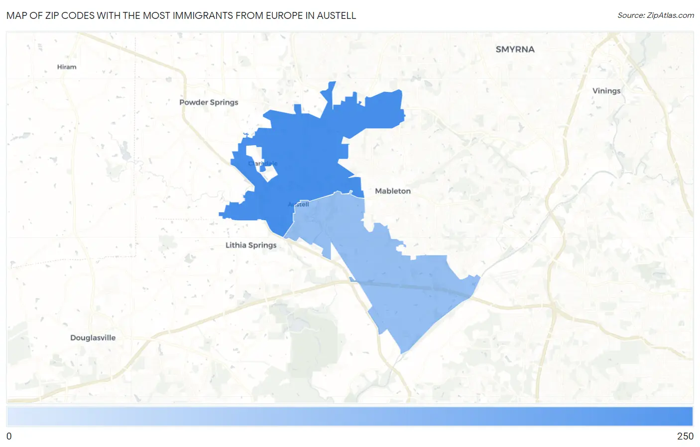 Zip Codes with the Most Immigrants from Europe in Austell Map