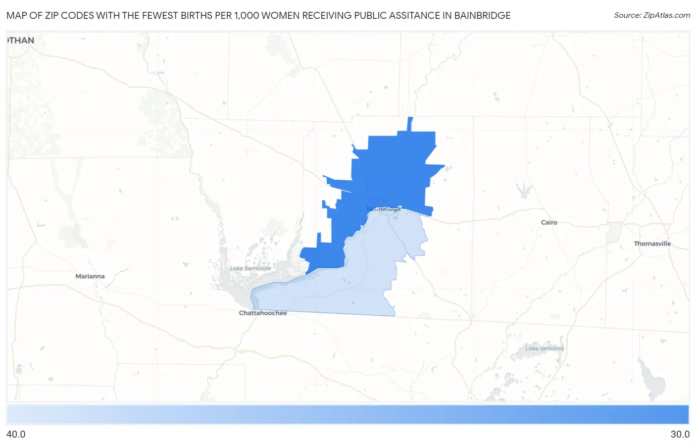 Zip Codes with the Fewest Births per 1,000 Women Receiving Public Assitance in Bainbridge Map