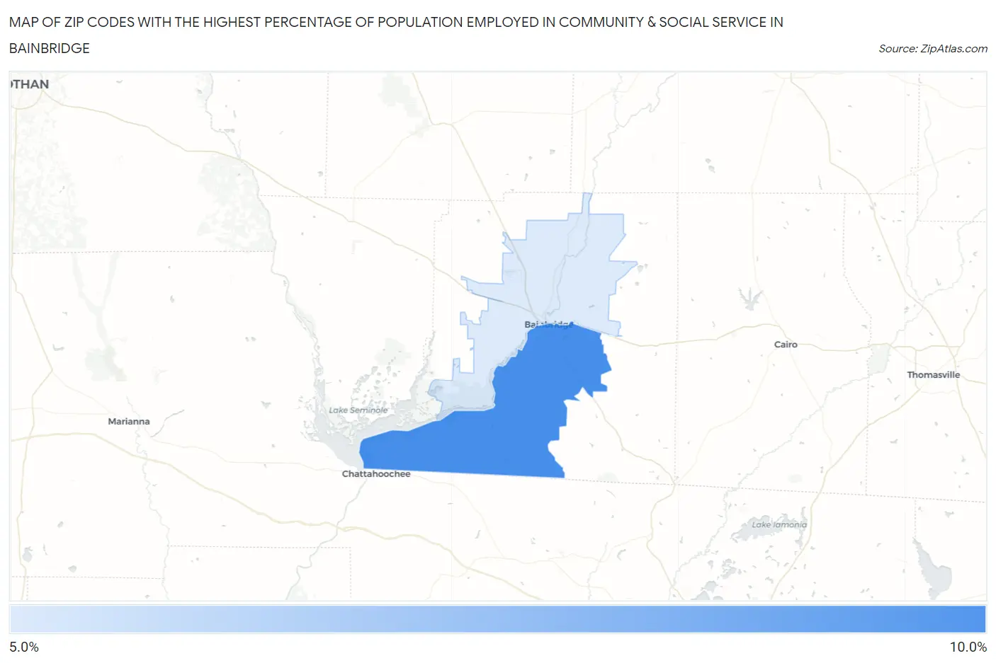Zip Codes with the Highest Percentage of Population Employed in Community & Social Service  in Bainbridge Map