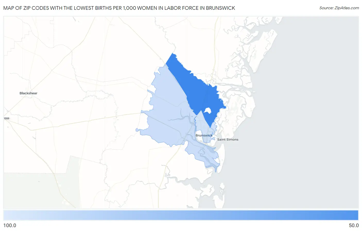 Zip Codes with the Lowest Births per 1,000 Women in Labor Force in Brunswick Map