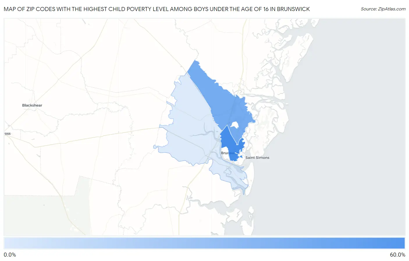 Zip Codes with the Highest Child Poverty Level Among Boys Under the Age of 16 in Brunswick Map