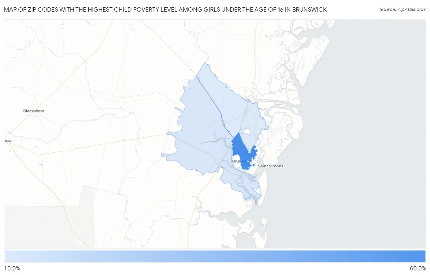 Zip Codes with the Highest Child Poverty Level Among Girls Under the Age of 16 in Brunswick Map