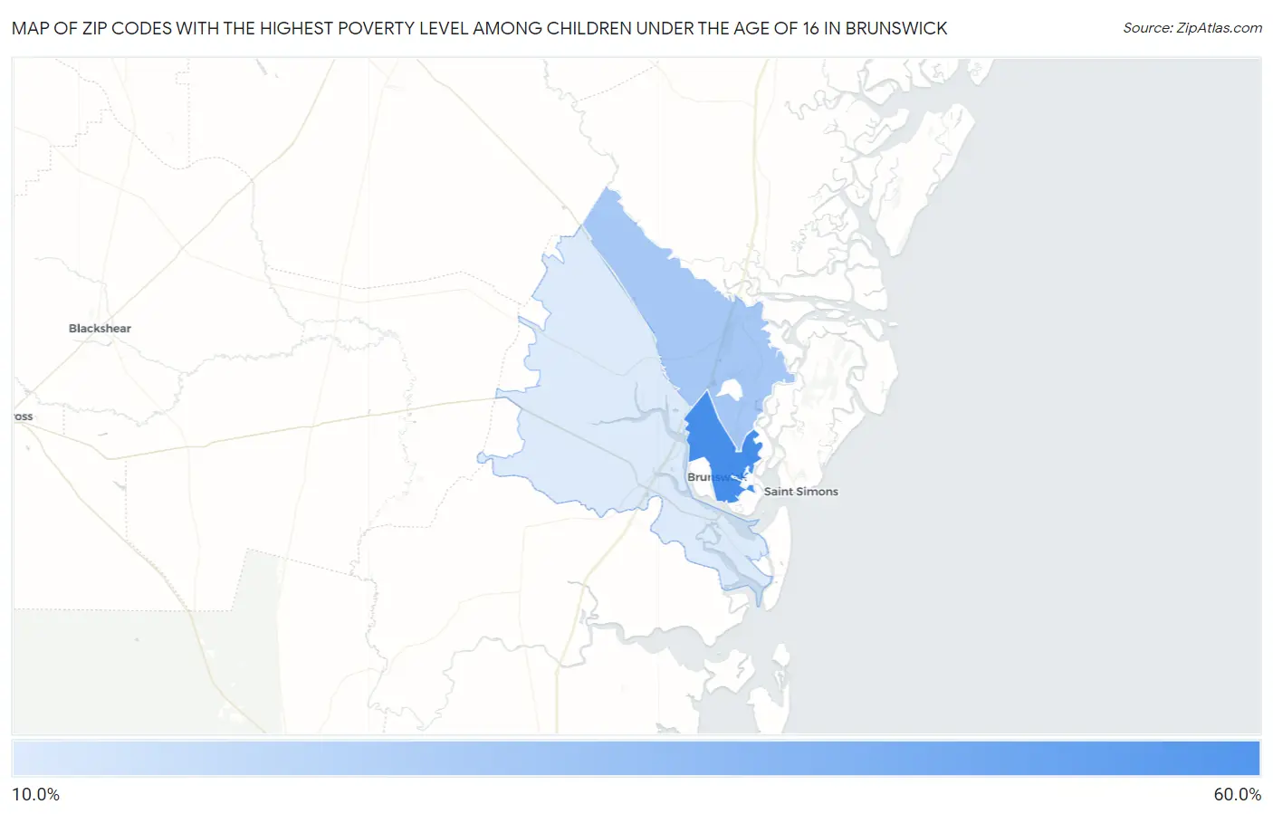 Zip Codes with the Highest Poverty Level Among Children Under the Age of 16 in Brunswick Map