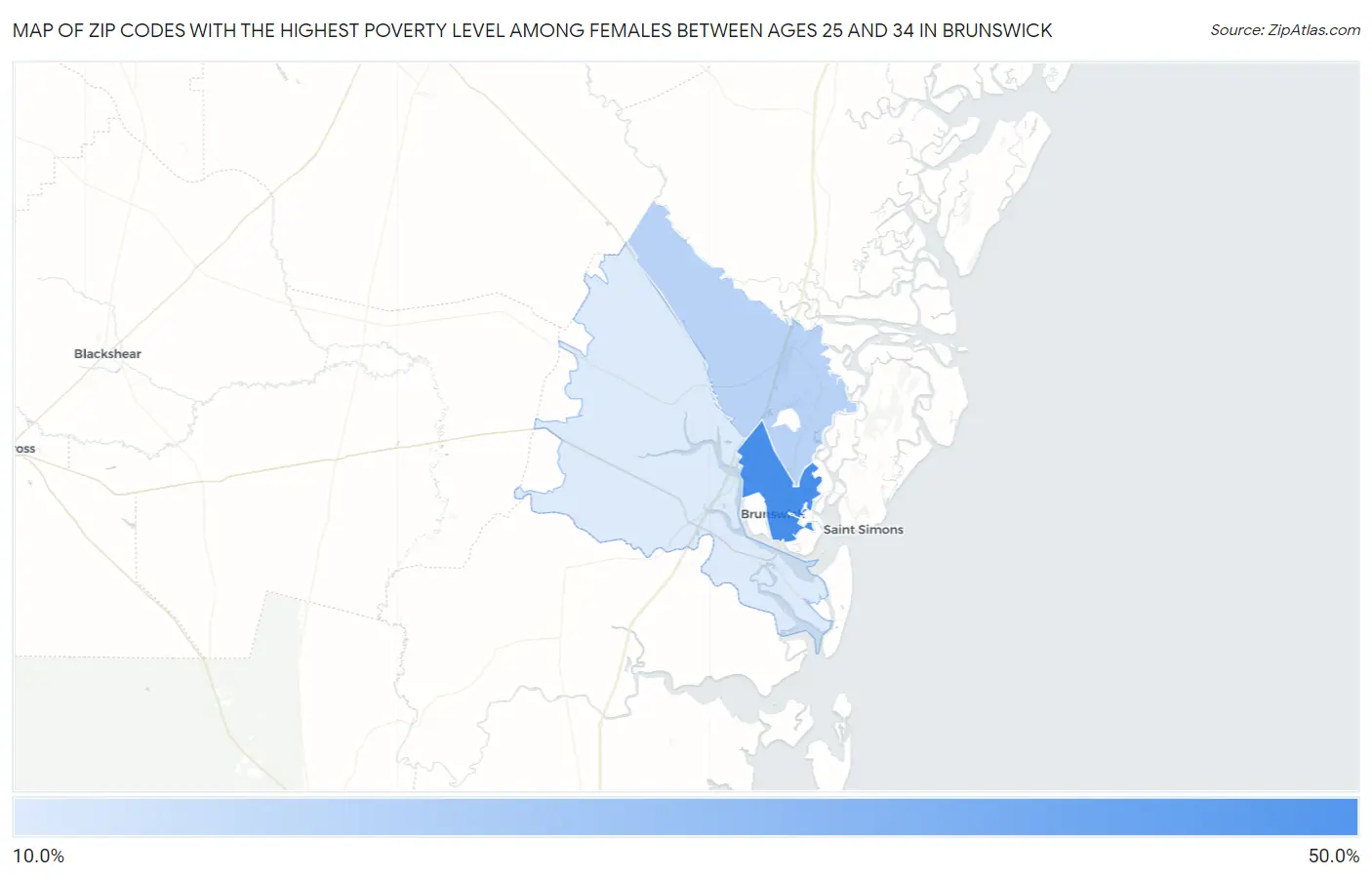 Zip Codes with the Highest Poverty Level Among Females Between Ages 25 and 34 in Brunswick Map