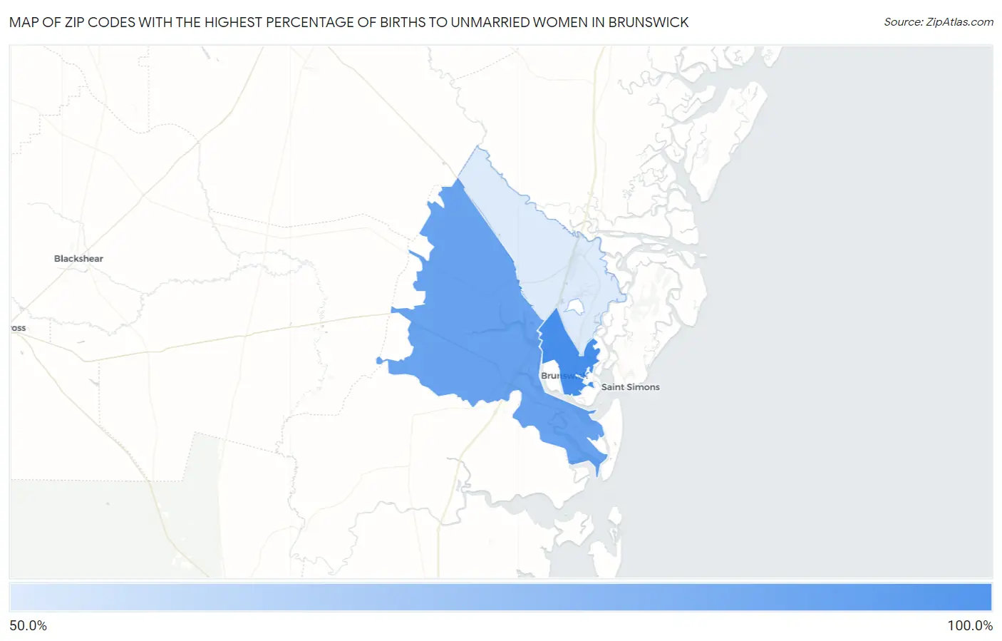 Zip Codes with the Highest Percentage of Births to Unmarried Women in Brunswick Map