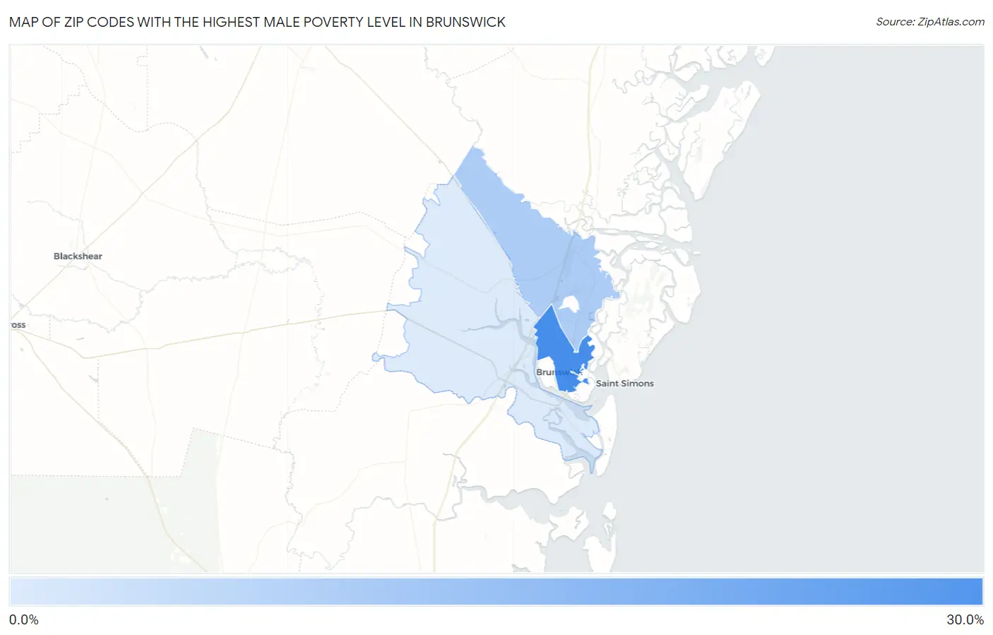 Zip Codes with the Highest Male Poverty Level in Brunswick Map