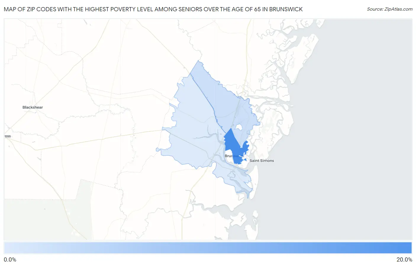 Zip Codes with the Highest Poverty Level Among Seniors Over the Age of 65 in Brunswick Map