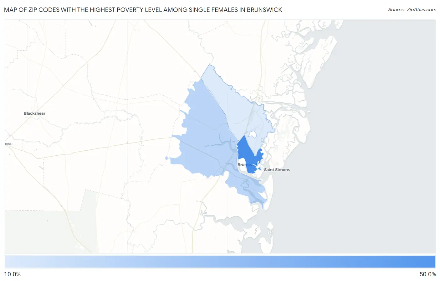 Zip Codes with the Highest Poverty Level Among Single Females in Brunswick Map
