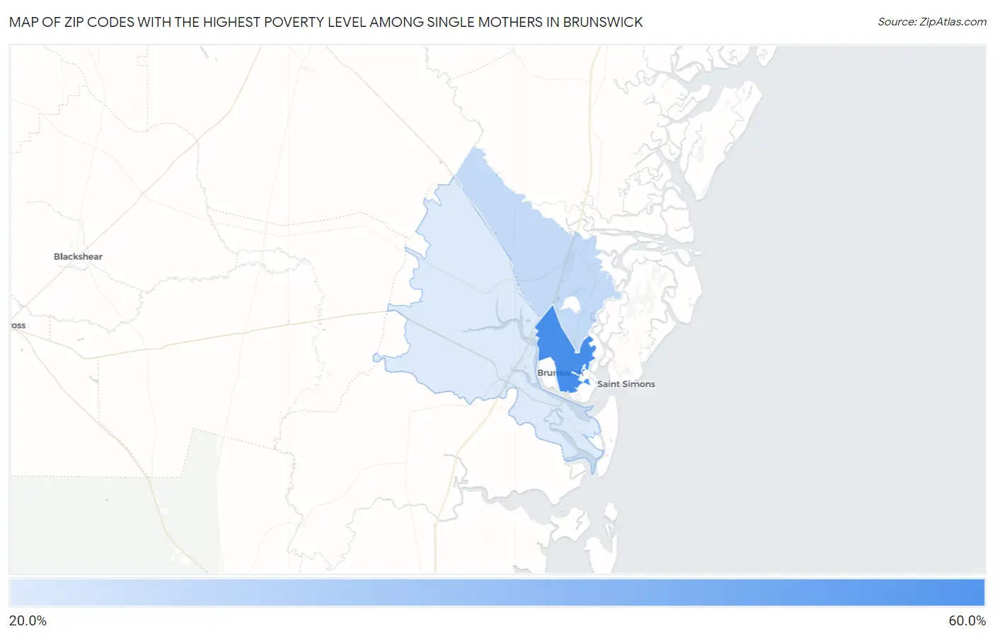 Zip Codes with the Highest Poverty Level Among Single Mothers in Brunswick Map