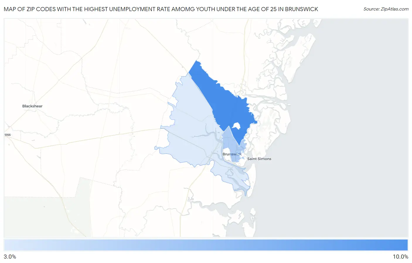 Zip Codes with the Highest Unemployment Rate Amomg Youth Under the Age of 25 in Brunswick Map