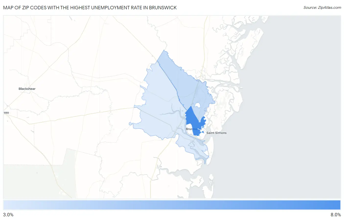 Zip Codes with the Highest Unemployment Rate in Brunswick Map