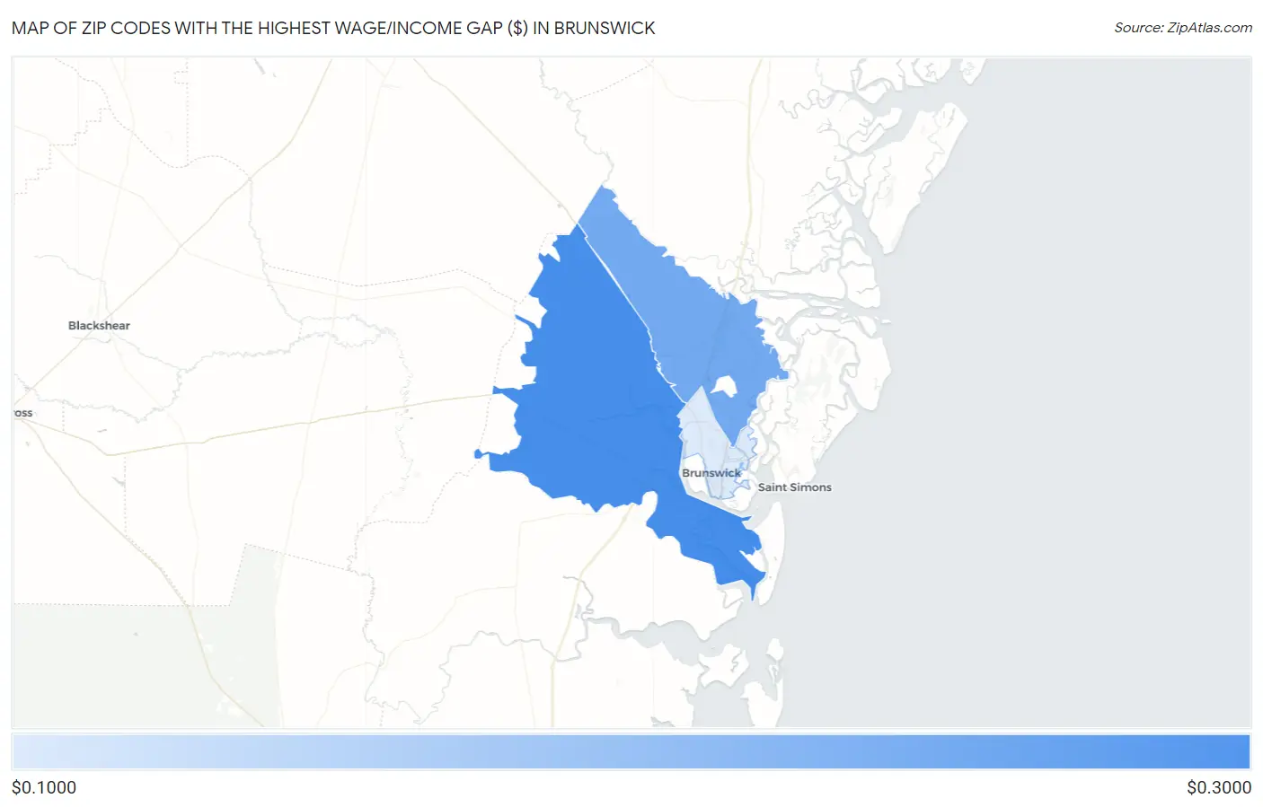 Zip Codes with the Highest Wage/Income Gap ($) in Brunswick Map