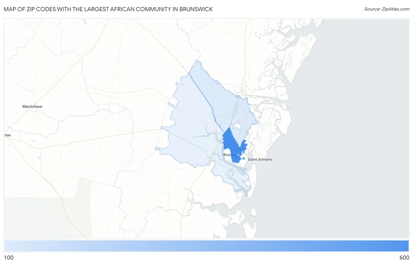 Zip Codes with the Largest African Community in Brunswick Map