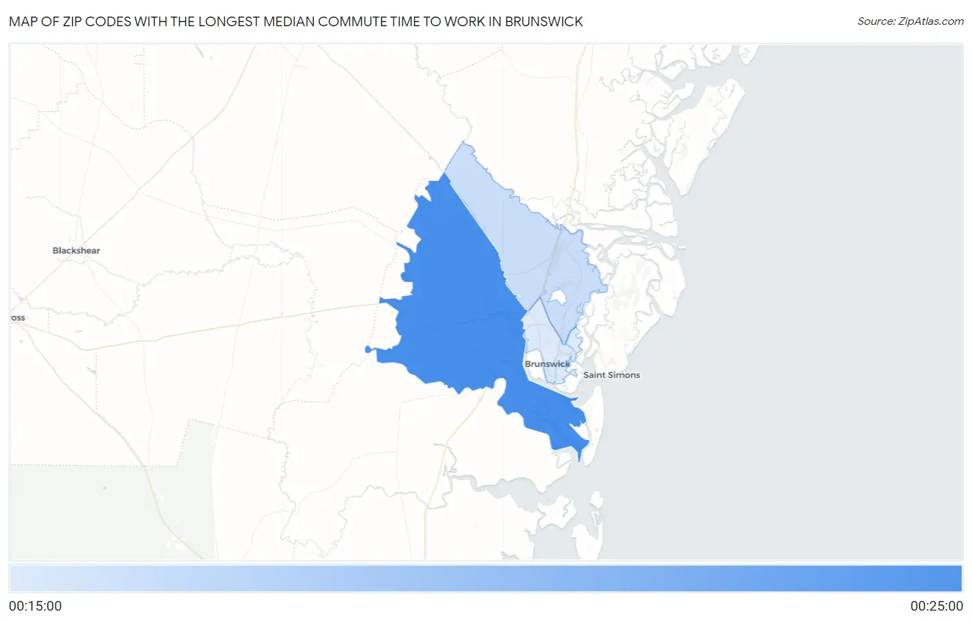 Zip Codes with the Longest Median Commute Time to Work in Brunswick Map