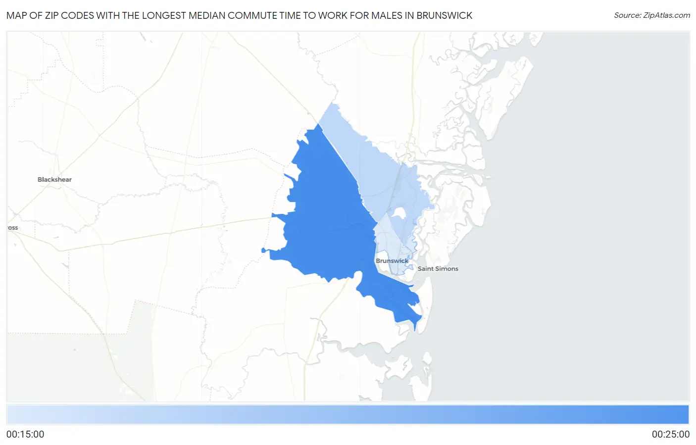 Zip Codes with the Longest Median Commute Time to Work for Males in Brunswick Map