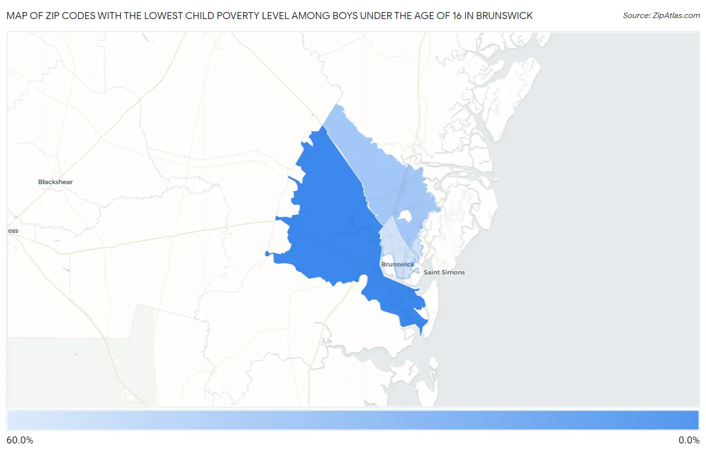 Zip Codes with the Lowest Child Poverty Level Among Boys Under the Age of 16 in Brunswick Map