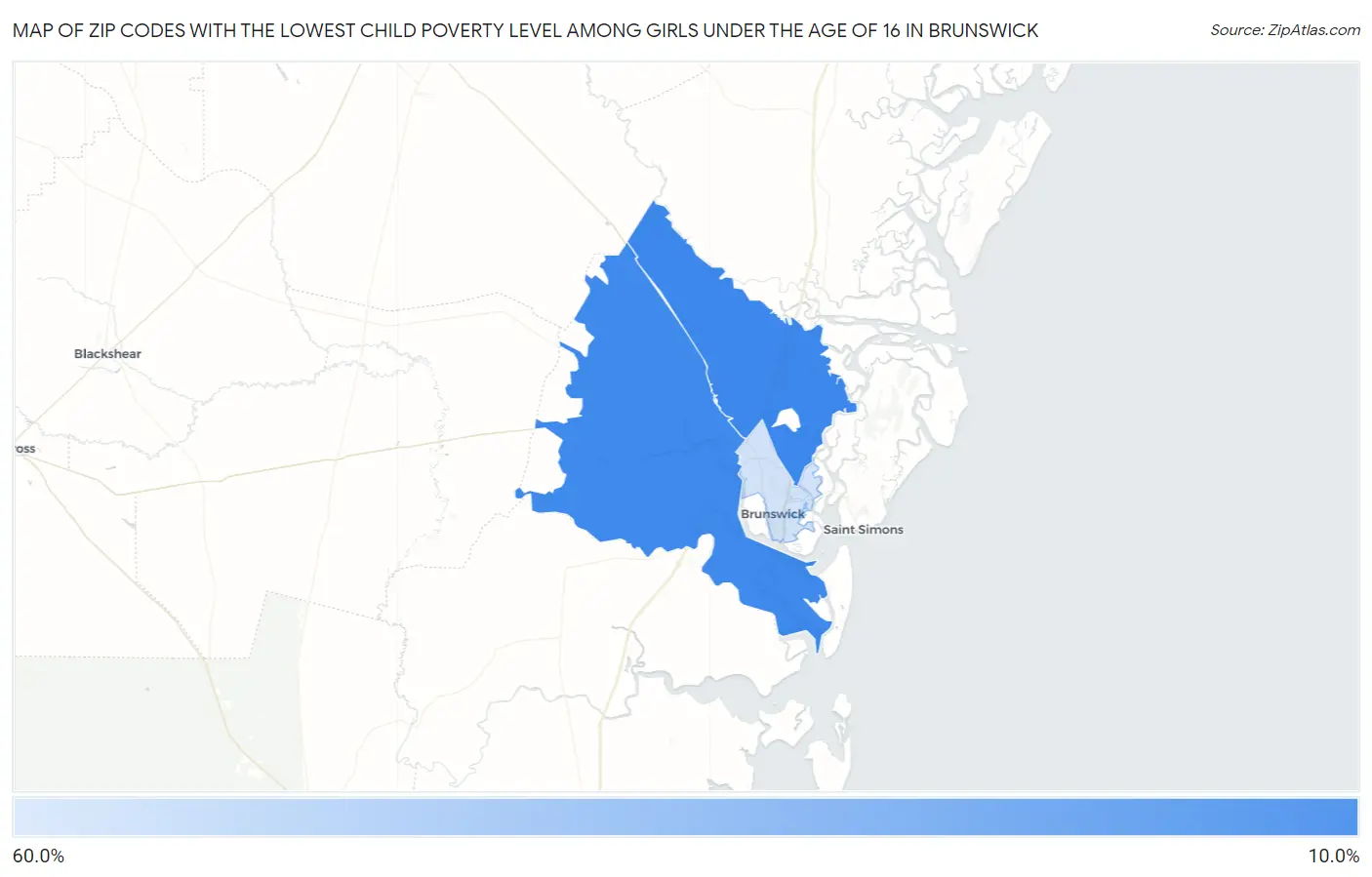 Zip Codes with the Lowest Child Poverty Level Among Girls Under the Age of 16 in Brunswick Map