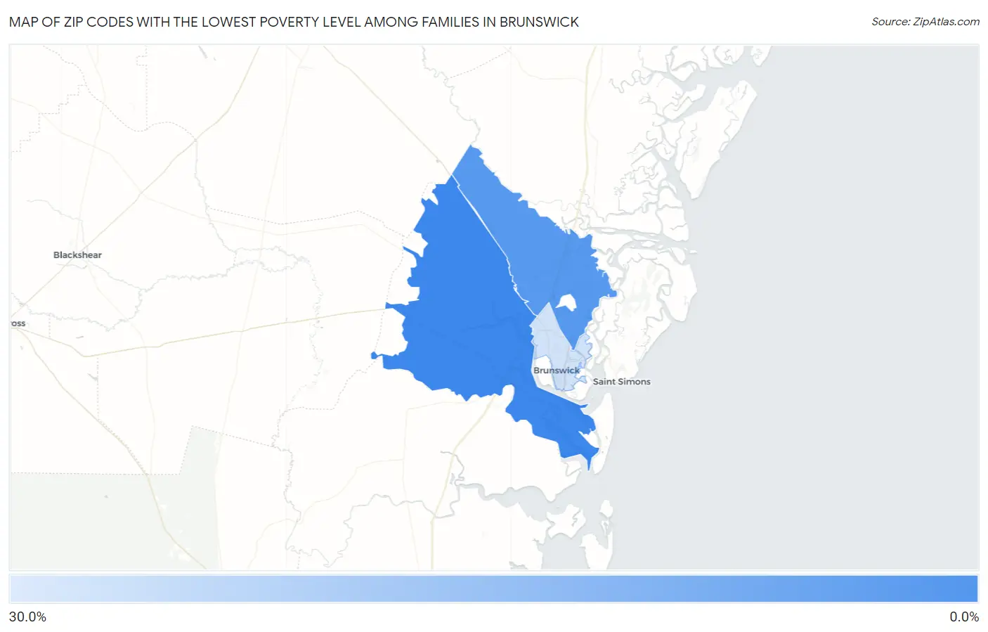 Zip Codes with the Lowest Poverty Level Among Families in Brunswick Map