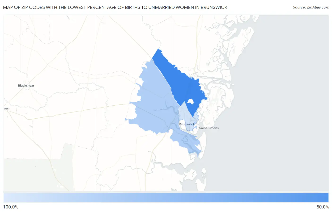 Zip Codes with the Lowest Percentage of Births to Unmarried Women in Brunswick Map