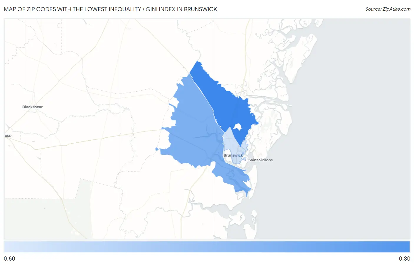 Zip Codes with the Lowest Inequality / Gini Index in Brunswick Map