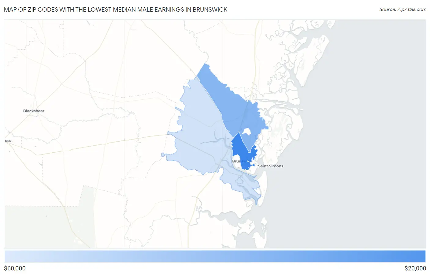 Zip Codes with the Lowest Median Male Earnings in Brunswick Map