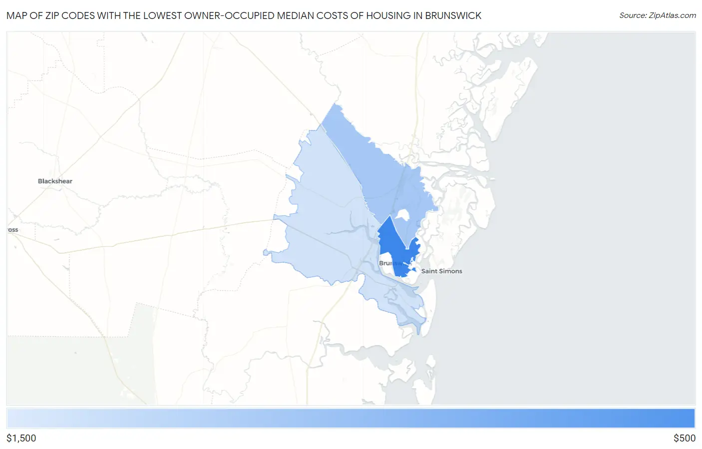 Zip Codes with the Lowest Owner-Occupied Median Costs of Housing in Brunswick Map