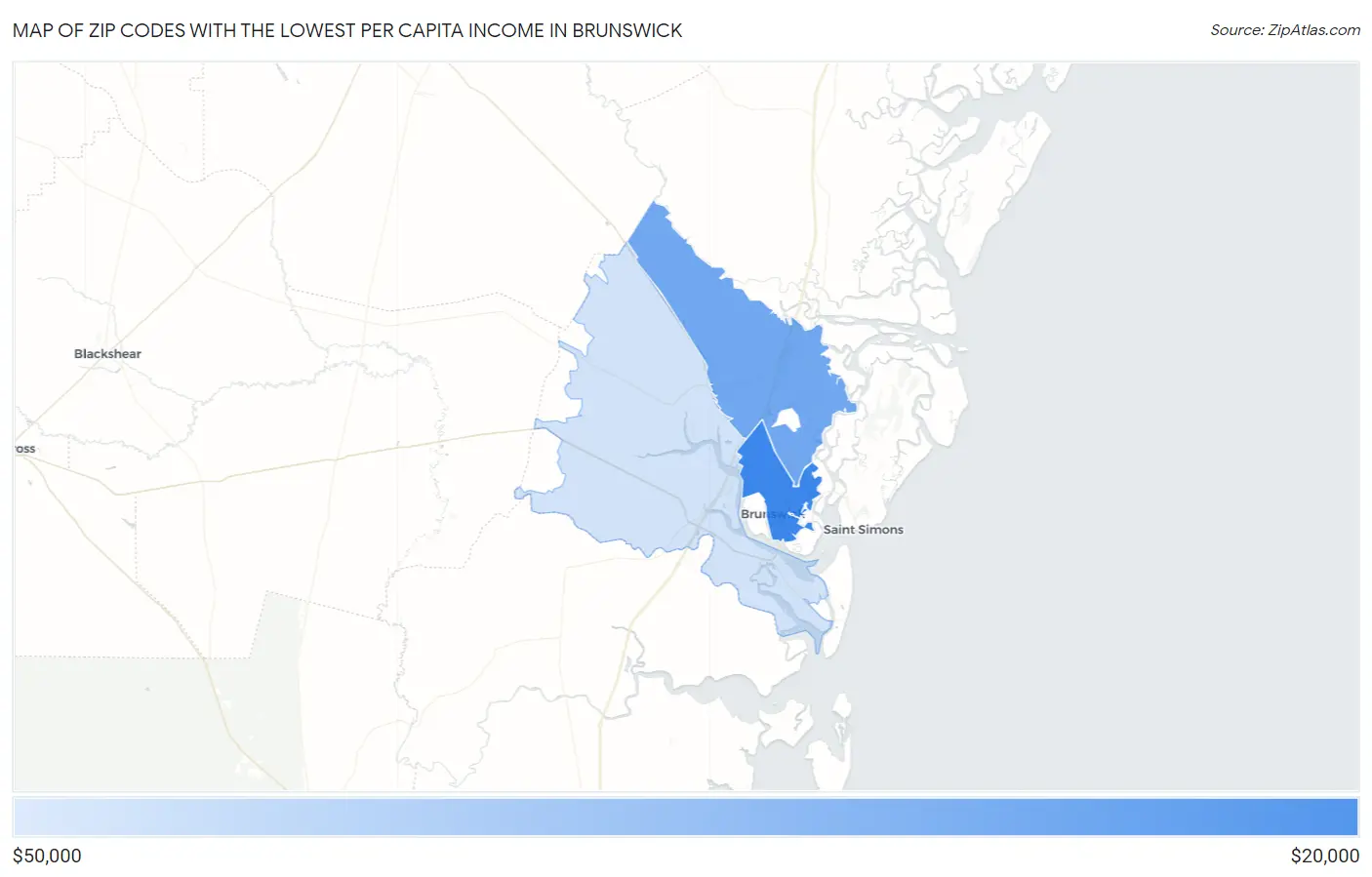 Zip Codes with the Lowest Per Capita Income in Brunswick Map