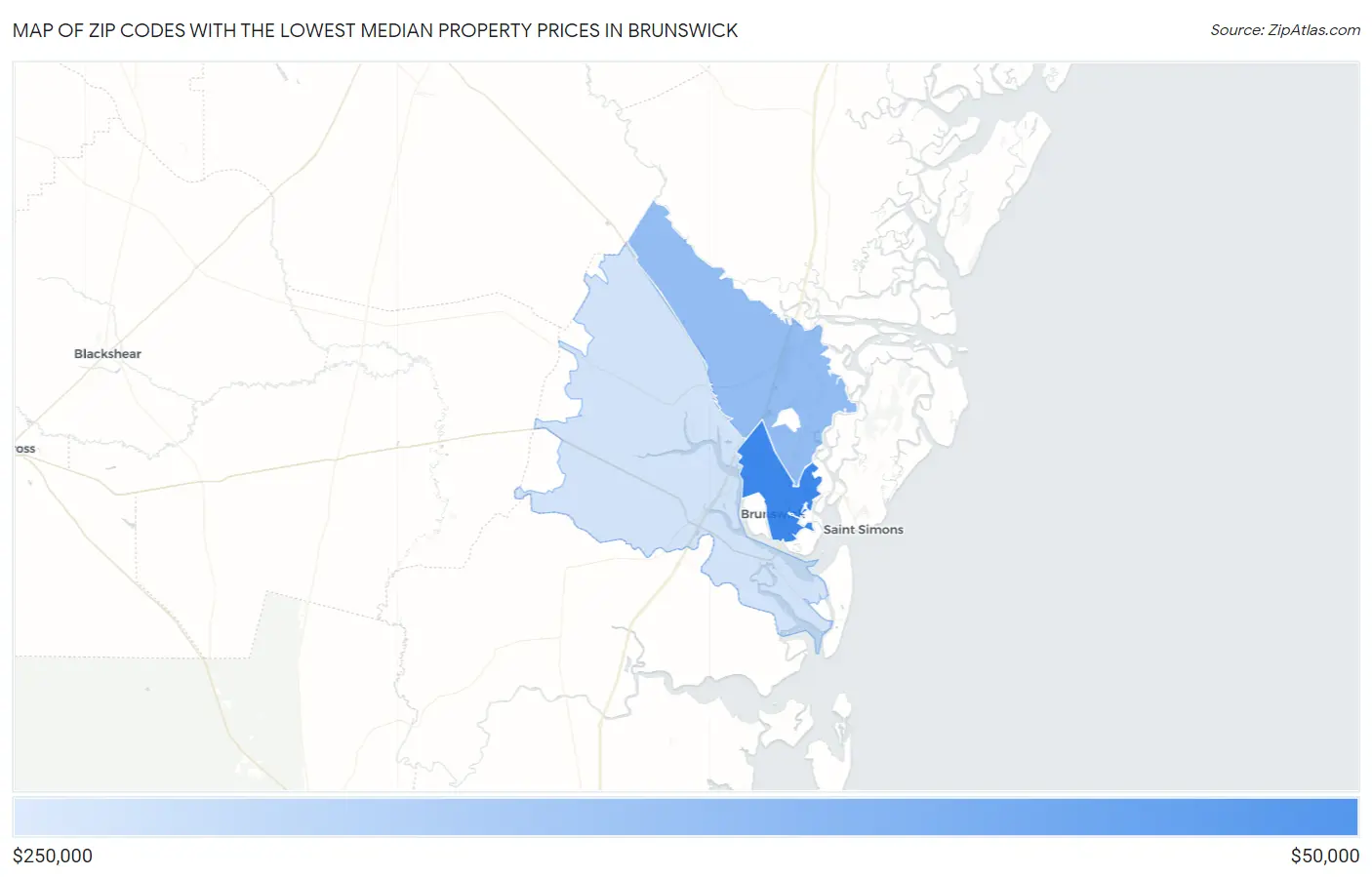 Zip Codes with the Lowest Median Property Prices in Brunswick Map