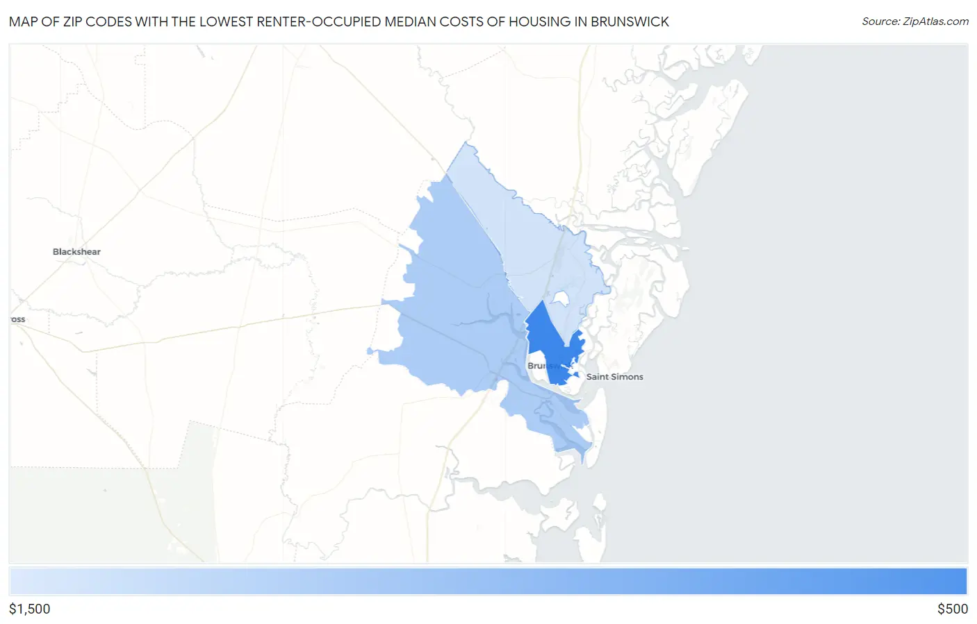 Zip Codes with the Lowest Renter-Occupied Median Costs of Housing in Brunswick Map