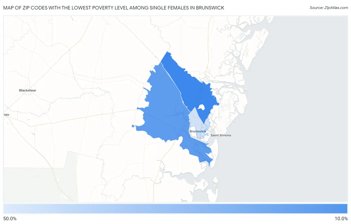 Zip Codes with the Lowest Poverty Level Among Single Females in Brunswick Map
