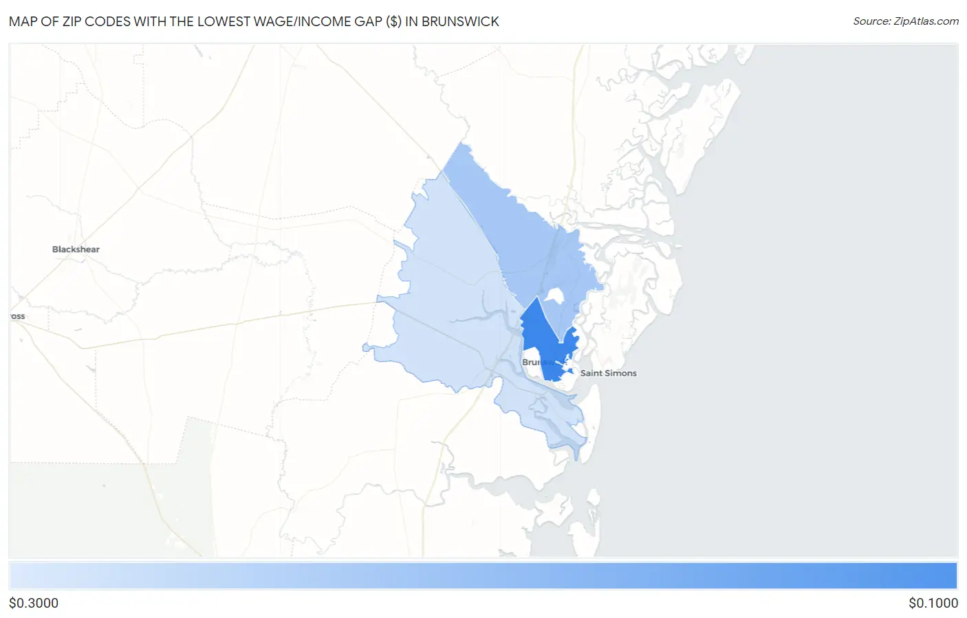 Zip Codes with the Lowest Wage/Income Gap ($) in Brunswick Map