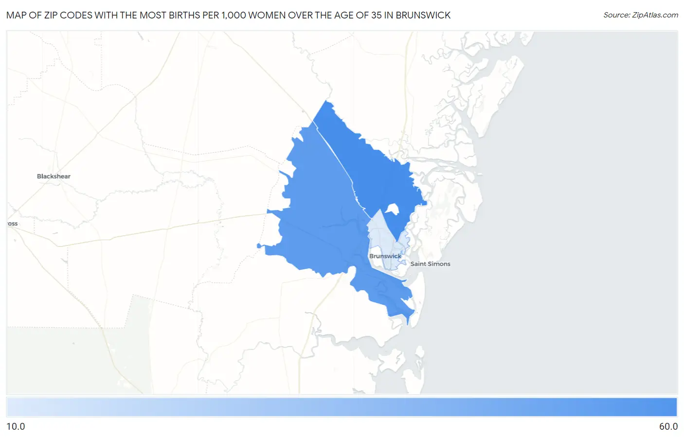 Zip Codes with the Most Births per 1,000 Women Over the Age of 35 in Brunswick Map