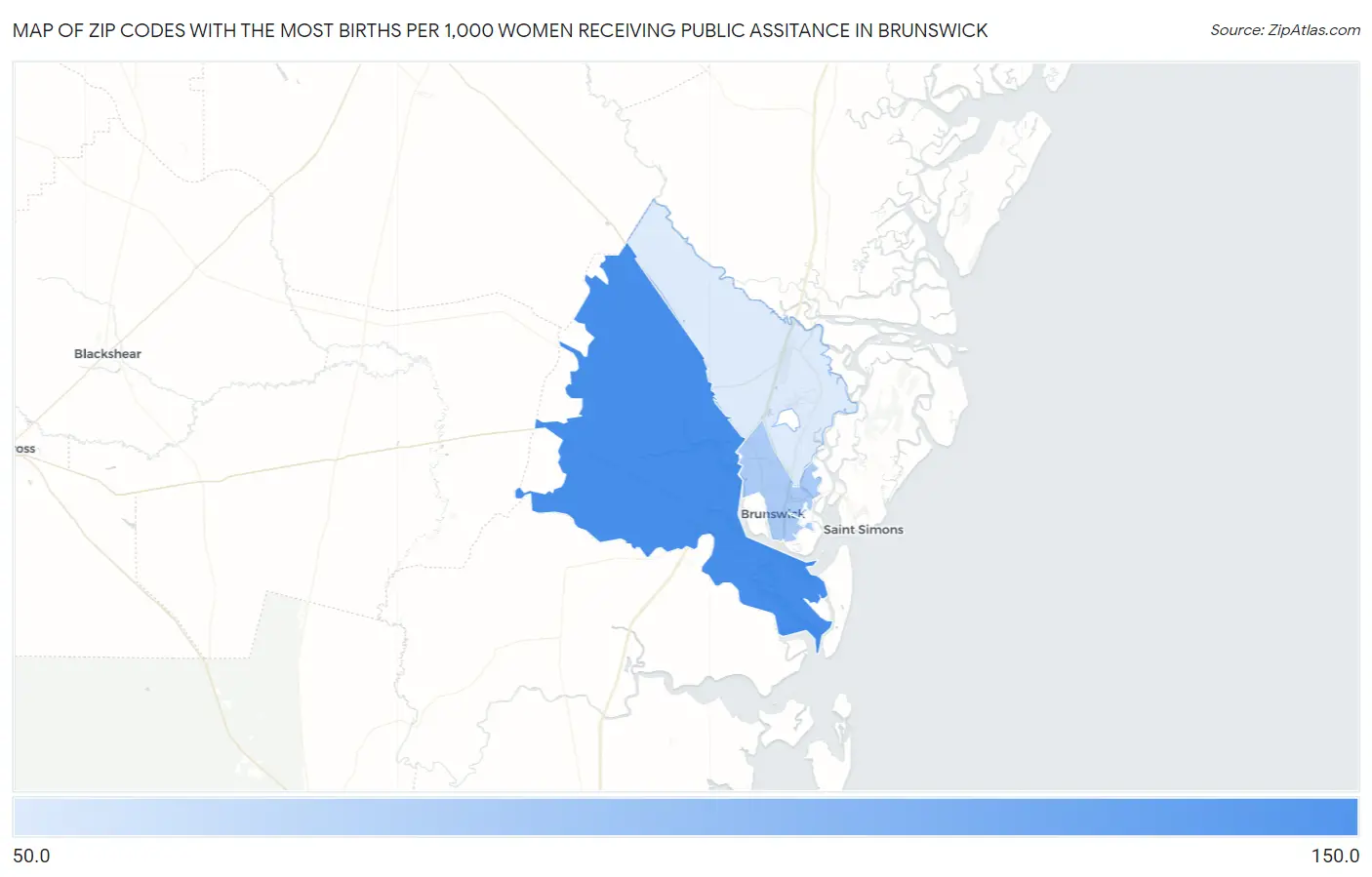 Zip Codes with the Most Births per 1,000 Women Receiving Public Assitance in Brunswick Map