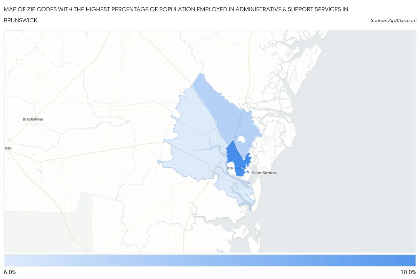Zip Codes with the Highest Percentage of Population Employed in Administrative & Support Services in Brunswick Map