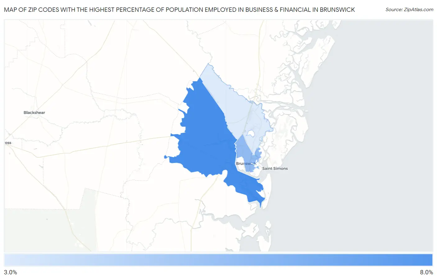 Zip Codes with the Highest Percentage of Population Employed in Business & Financial in Brunswick Map