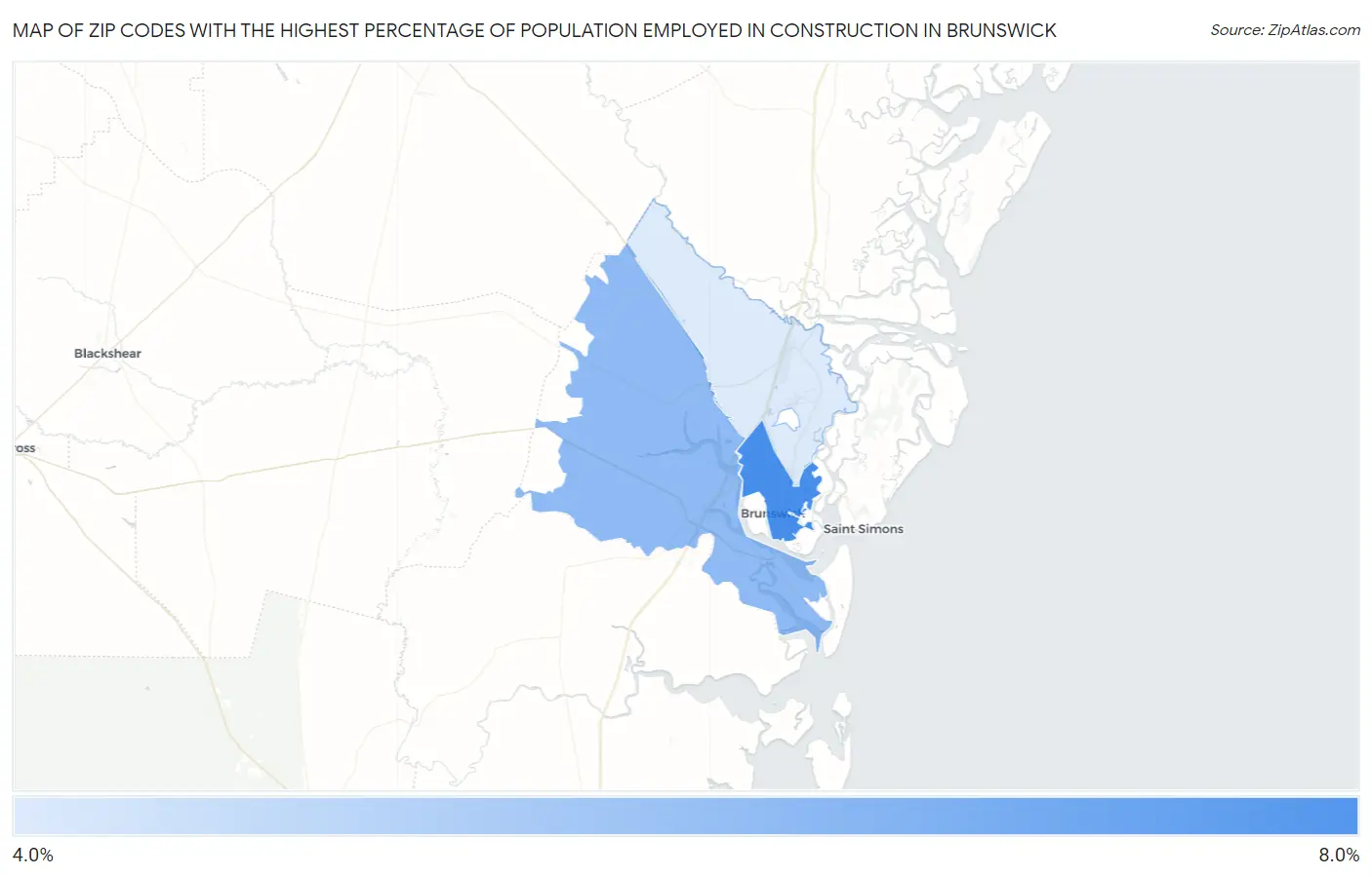Zip Codes with the Highest Percentage of Population Employed in Construction in Brunswick Map