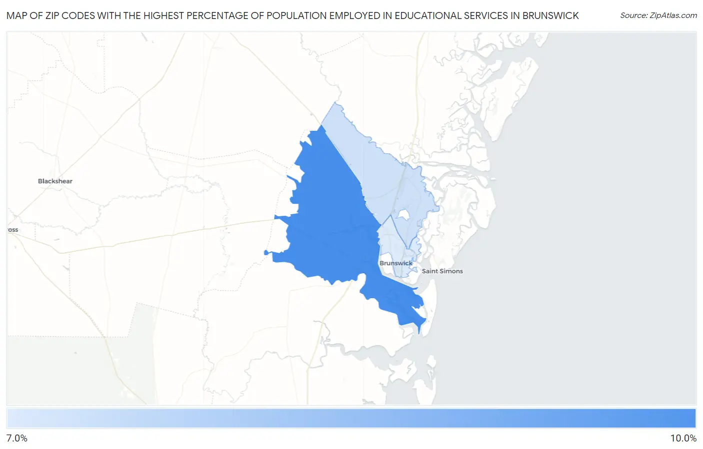 Zip Codes with the Highest Percentage of Population Employed in Educational Services in Brunswick Map