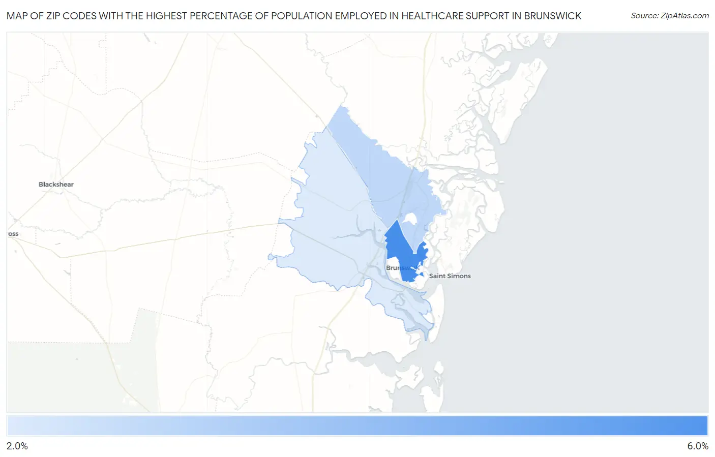Zip Codes with the Highest Percentage of Population Employed in Healthcare Support in Brunswick Map