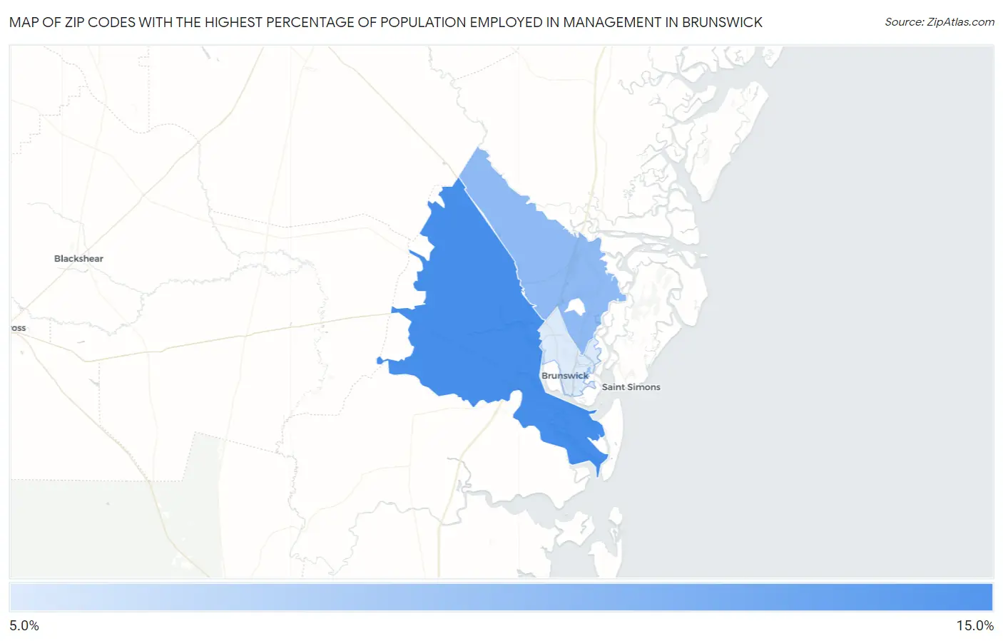 Zip Codes with the Highest Percentage of Population Employed in Management in Brunswick Map
