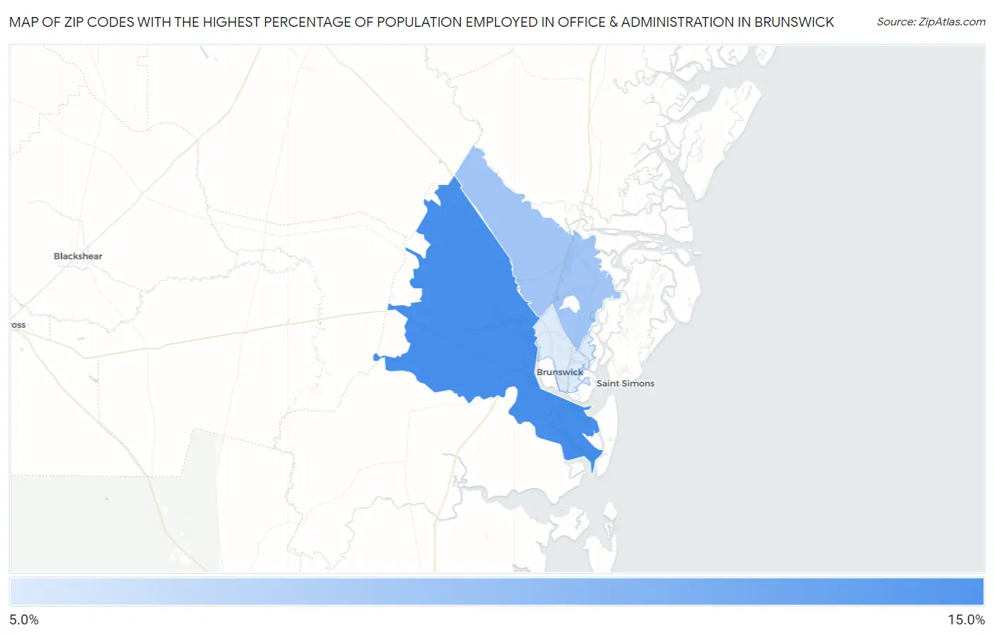 Zip Codes with the Highest Percentage of Population Employed in Office & Administration in Brunswick Map
