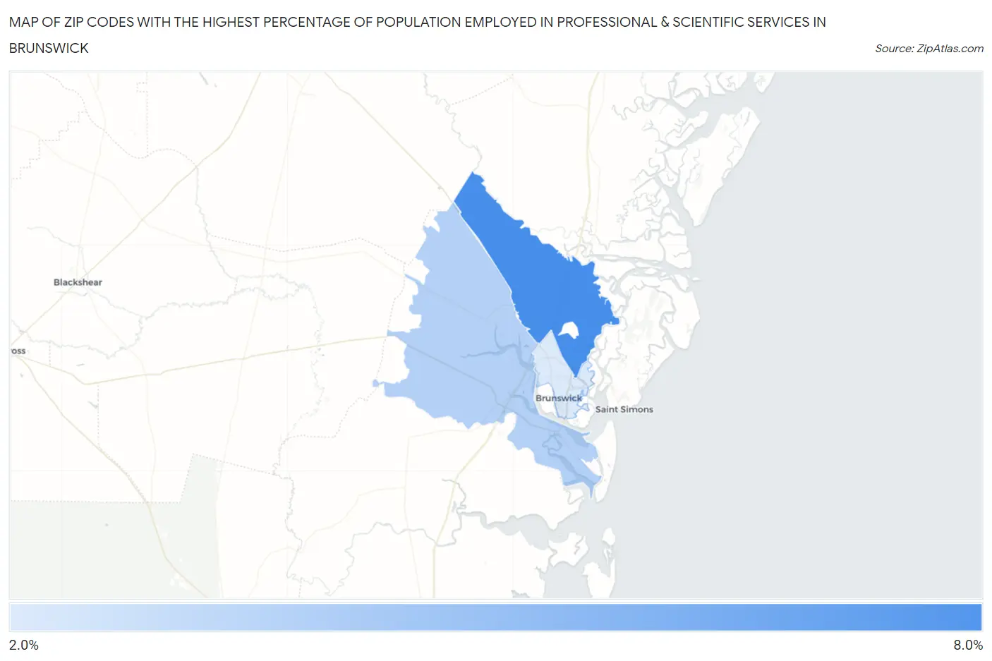 Zip Codes with the Highest Percentage of Population Employed in Professional & Scientific Services in Brunswick Map