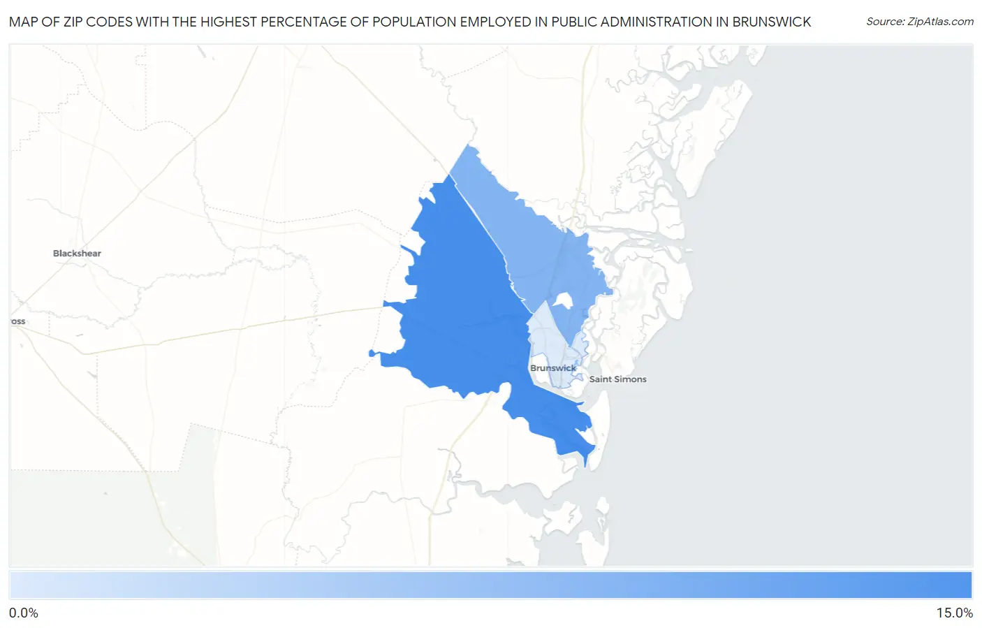 Zip Codes with the Highest Percentage of Population Employed in Public Administration in Brunswick Map