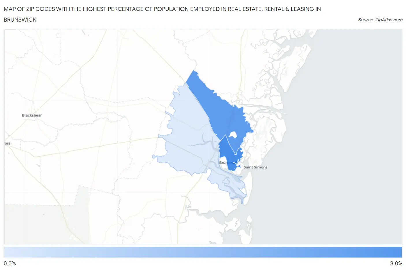 Zip Codes with the Highest Percentage of Population Employed in Real Estate, Rental & Leasing in Brunswick Map
