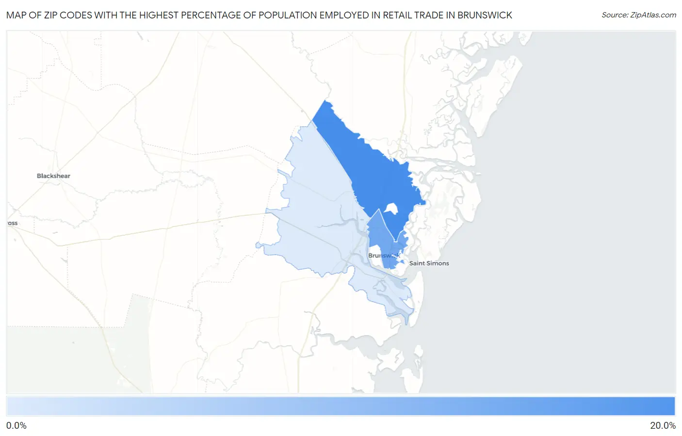 Zip Codes with the Highest Percentage of Population Employed in Retail Trade in Brunswick Map