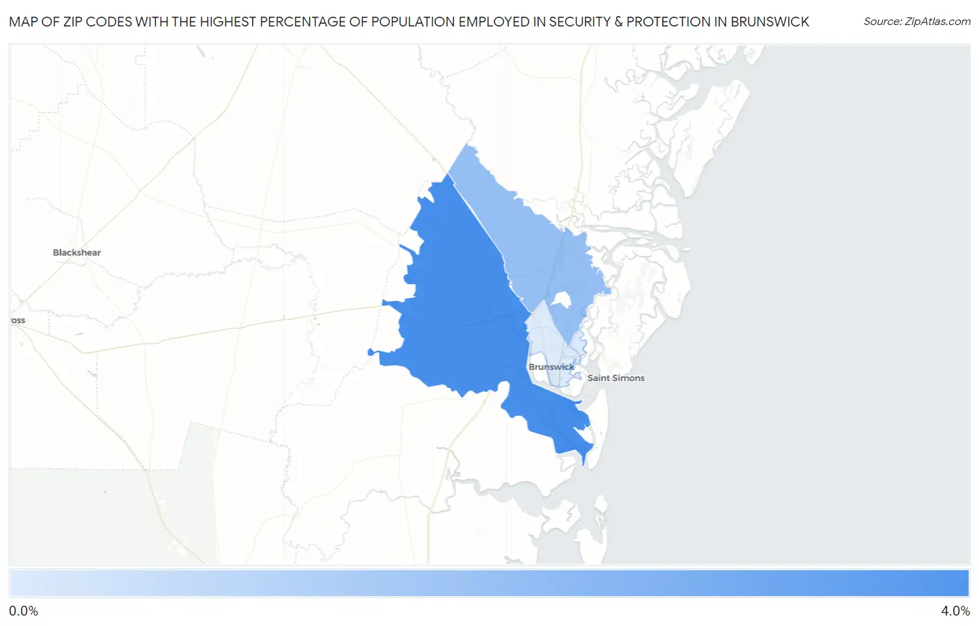 Zip Codes with the Highest Percentage of Population Employed in Security & Protection in Brunswick Map