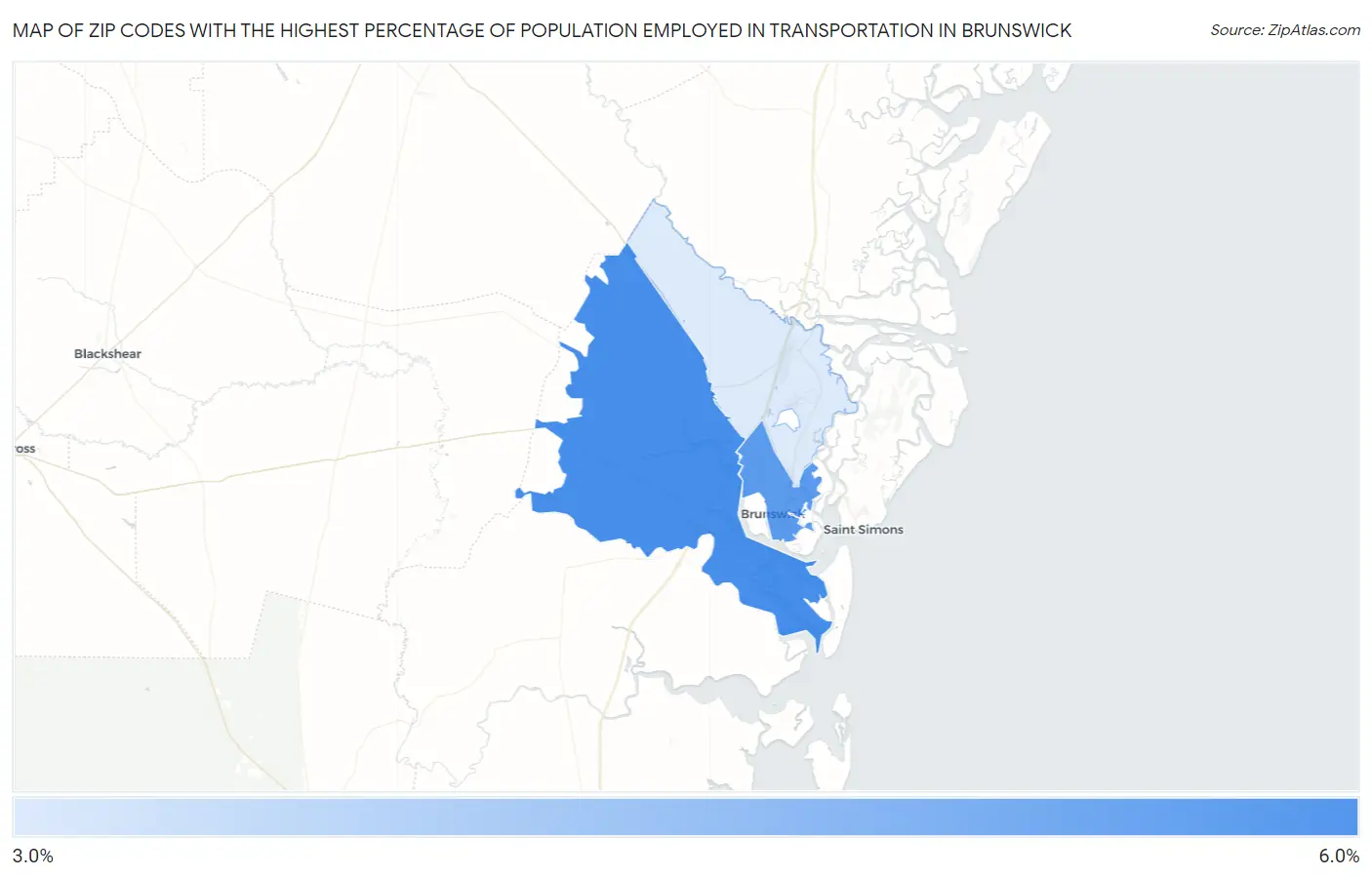 Zip Codes with the Highest Percentage of Population Employed in Transportation in Brunswick Map