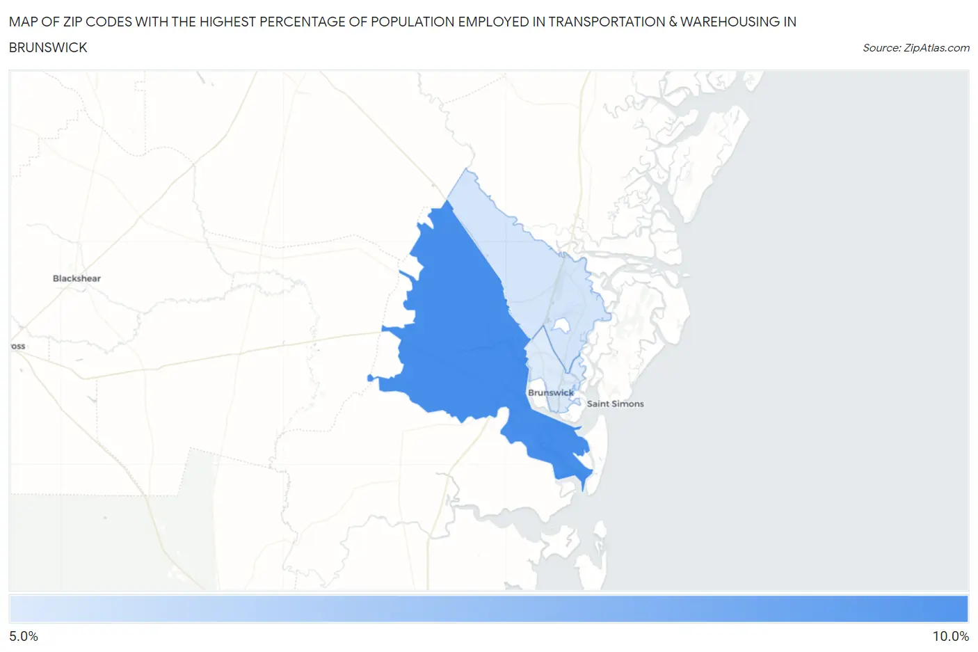 Zip Codes with the Highest Percentage of Population Employed in Transportation & Warehousing in Brunswick Map
